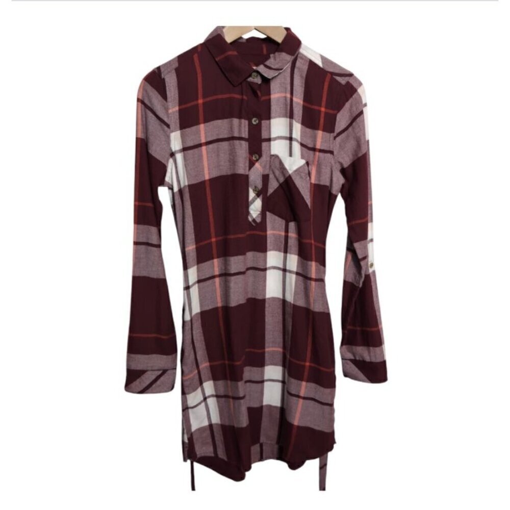 Plaid Shirt Dress Long Sleeve Roll Tab Sleeves‎ Red Burgundy with Pockets Small